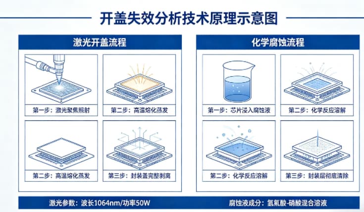 開蓋失效分析技術原理示意圖，展示激光開蓋與化學腐蝕流程
